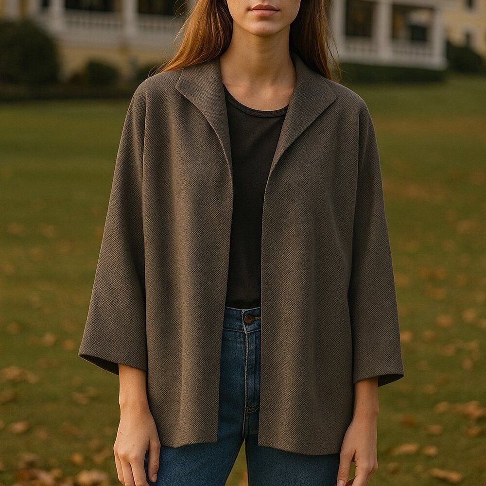 Eileen Fisher Dark Taupe Linen Cotton Open Cardigan L